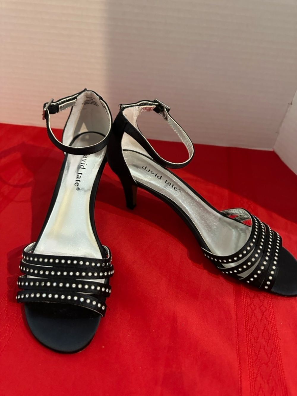 David Tate Black Crystal Studded Ankle-Strap Sandals Size 7